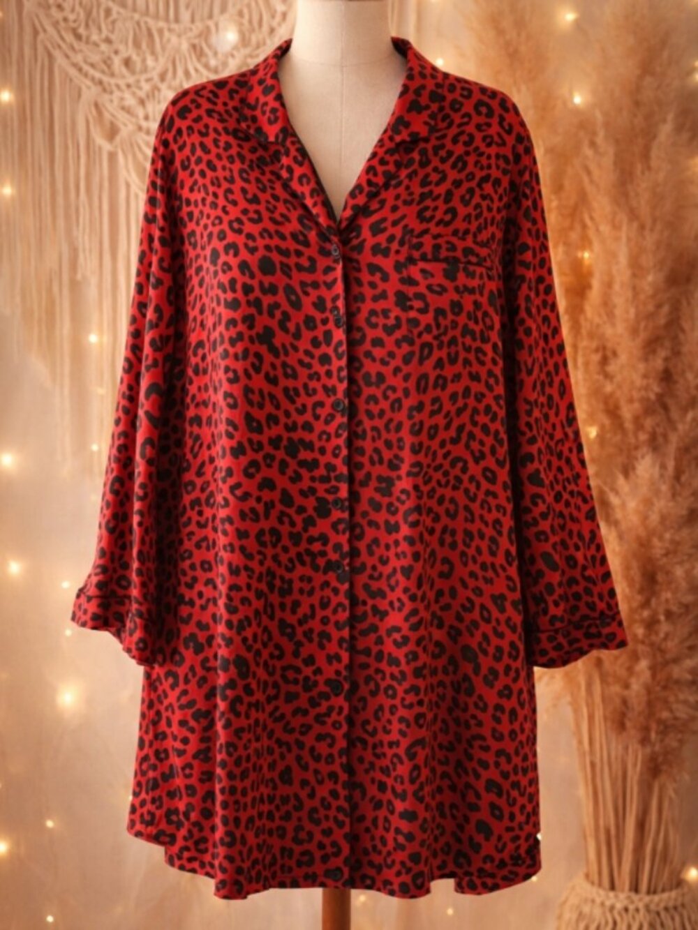 Morgan Taylor Red Leopard Satin Nightgown Nightshirt XL Mob Wife Luxe Glam Boho